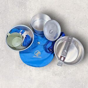 Vintage Girls Scouts Camping Mess Kit in Blue Bag Pot Pan Lid Plate Cup Net